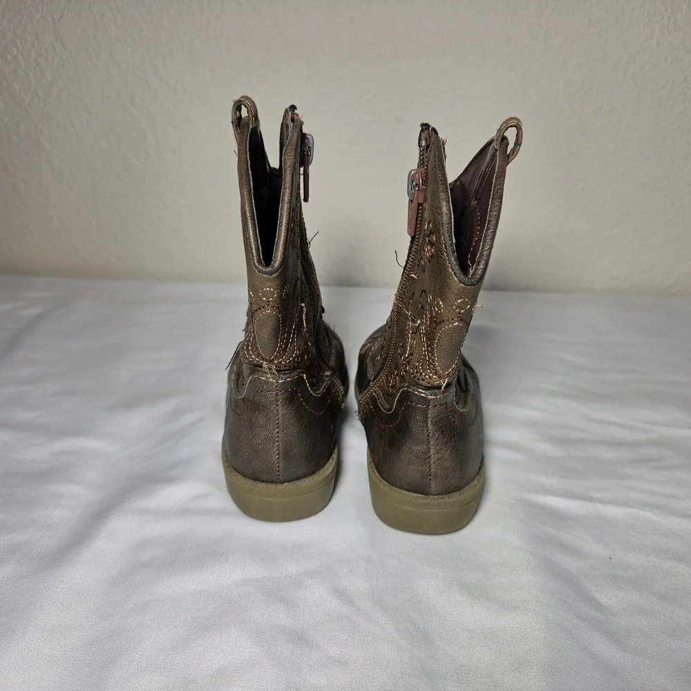 Toddler Brown Faux Leather Western Cowboy Boots Floral Embroidery Size 10 S1621
